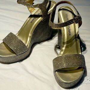Stuart Weitzman platform gold glitter open sandal